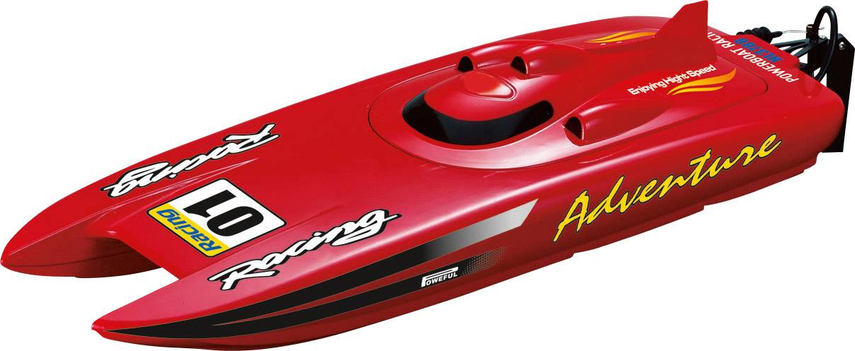 Fjärrstyrd, röd racerbåt med texten 'Adventure Racing' på främre sidan. Aerodynamisk design och sportklistermärken.