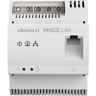 En vit Devolo Magic LAN-adapter med anslutningar för N, L1, L2, L3, PE och Ethernet. Symboler för nätverksanslutning, ström, hus och lås.