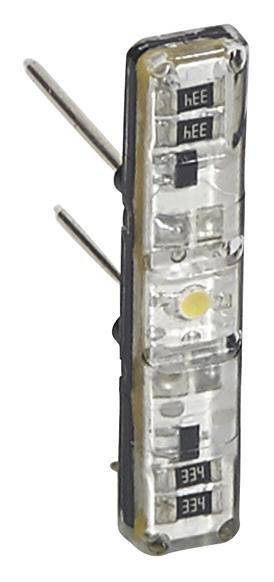 Transparent elektronisk komponent med flera SMD-motstånd och en central gul LED-ljuspunkt, vertikalt placerad.