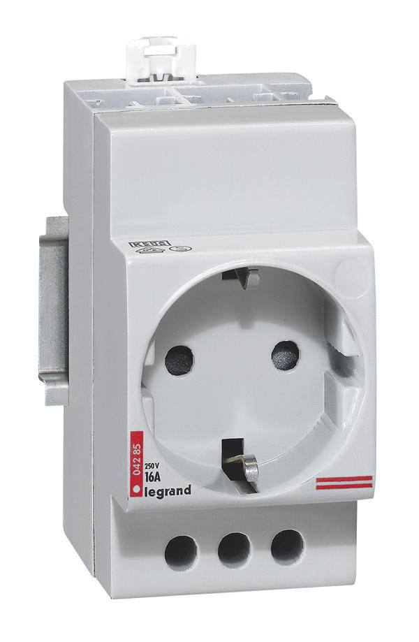 Industriell eluttag från Legrand, grå, lämplig för 250V och 16A. Schuko-standard, lämpad för DIN-skena montering.