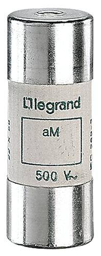 Säkring med metallhölje, märkt med 'Legrand', 'aM', och '500 V~'.
