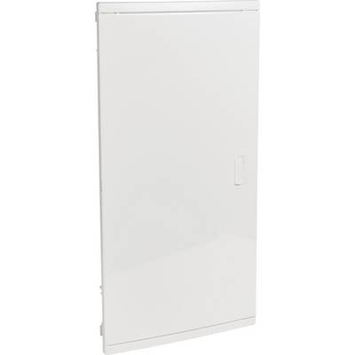 Vit dörr med enkelt design, vertikalt placerad, med infällt handtag på höger sida.