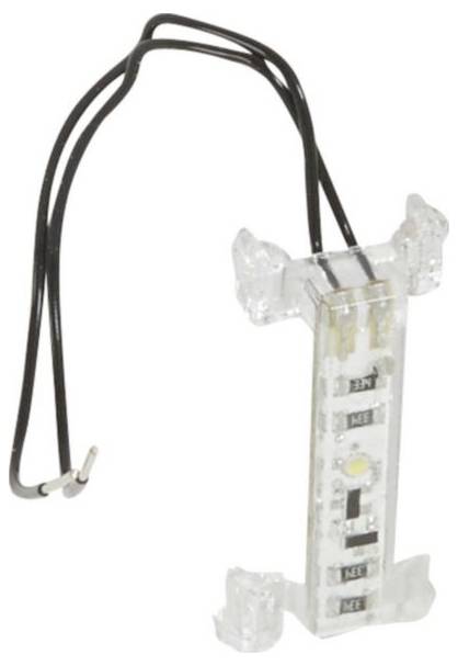 En LED-ljusmodul med transparent hölje och två svarta anslutningskablar.