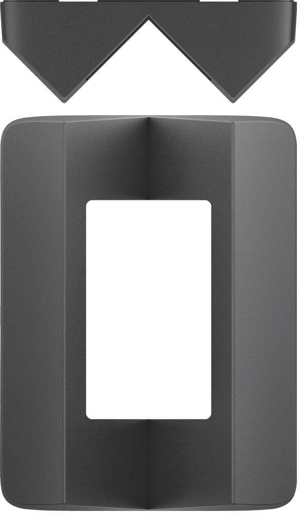 Två svarta, passande plastdetaljer, en rektangel med en urholkning och ett trekantig element. Funktionen är okänd.