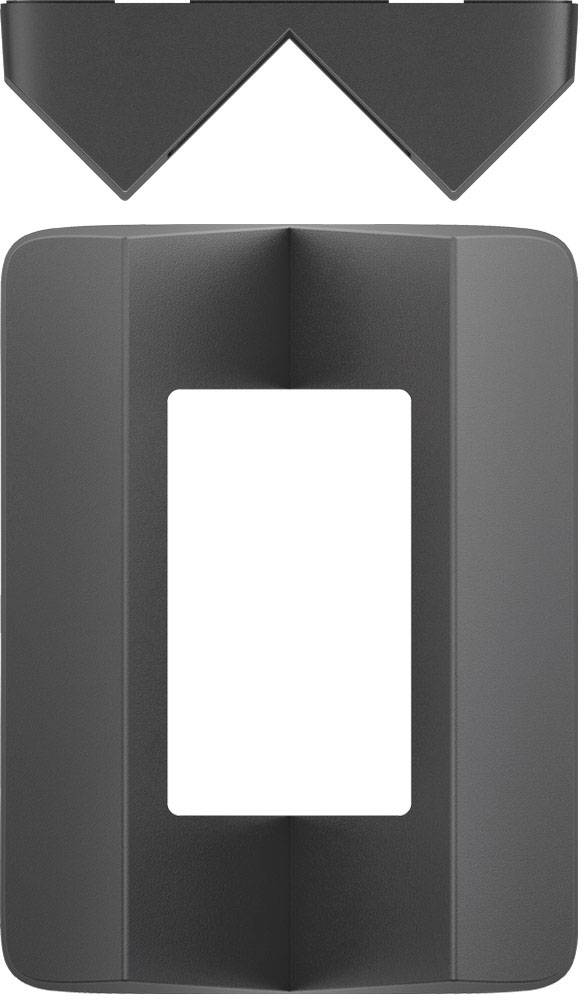 Två svarta plastformer som när de sätts ihop bildar en vertikal rektangulär öppning med snedställda element överst.