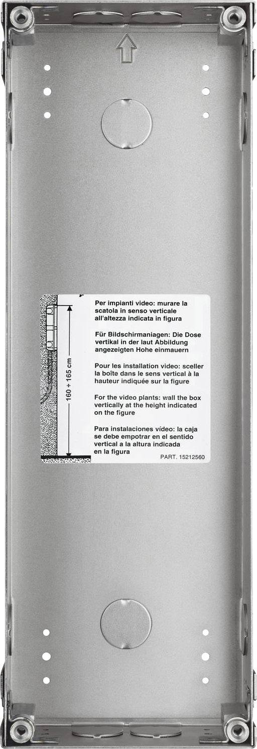 Metallhölje för en elektronisk enhet, med installationsanvisningar på flera språk, höjdmarkering och riktningspil.