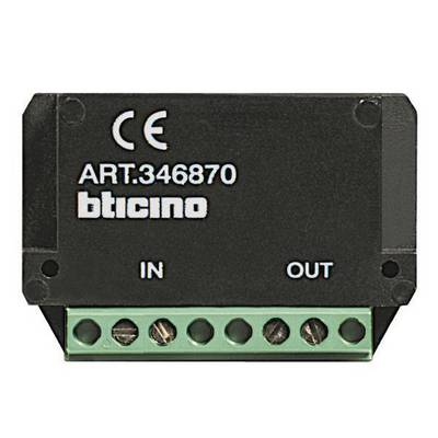 Svart elektronikmodul med påskrift 'bticino', modellnummer 'ART.346870'. Vänster 'IN', höger 'OUT'. Sex anslutningskontakter nedtill.
