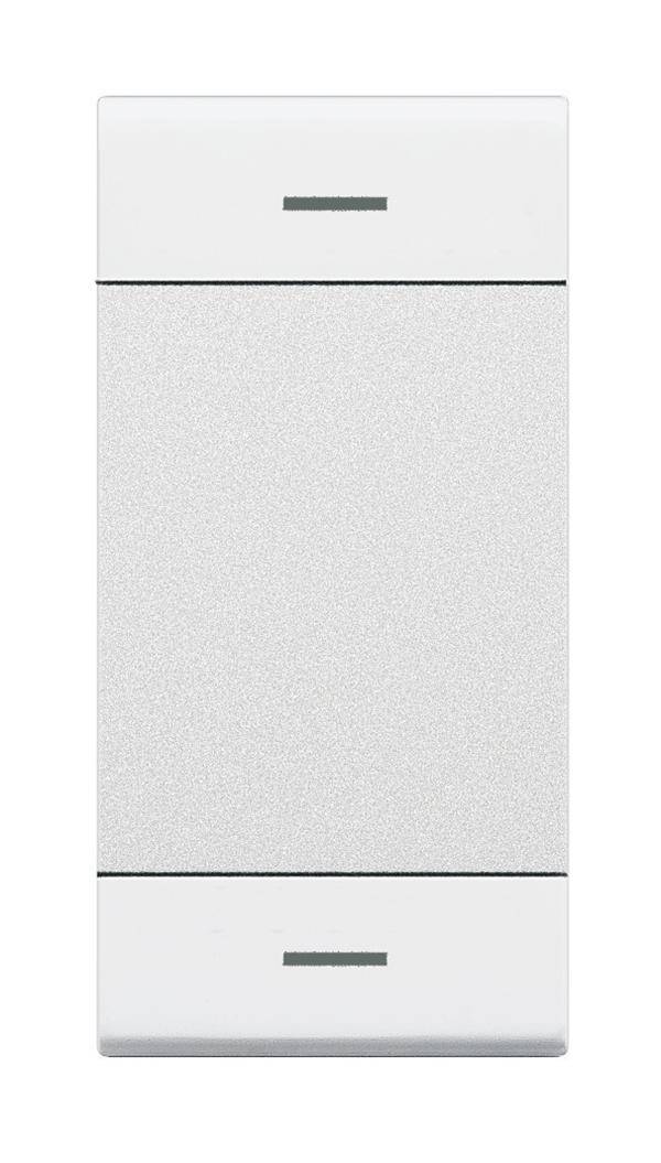 En enkel, vit strömbrytare med rektangulär form och minimalistisk design.