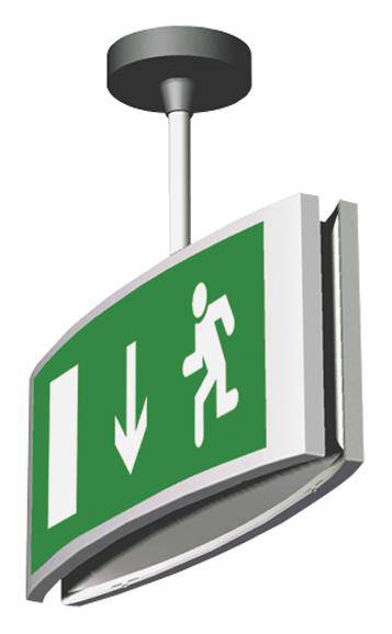 Grönt utrymningsskyllt med en pil nedåt och en figur som springer mot en dörr, vilket visar nödutgången i denna riktning.