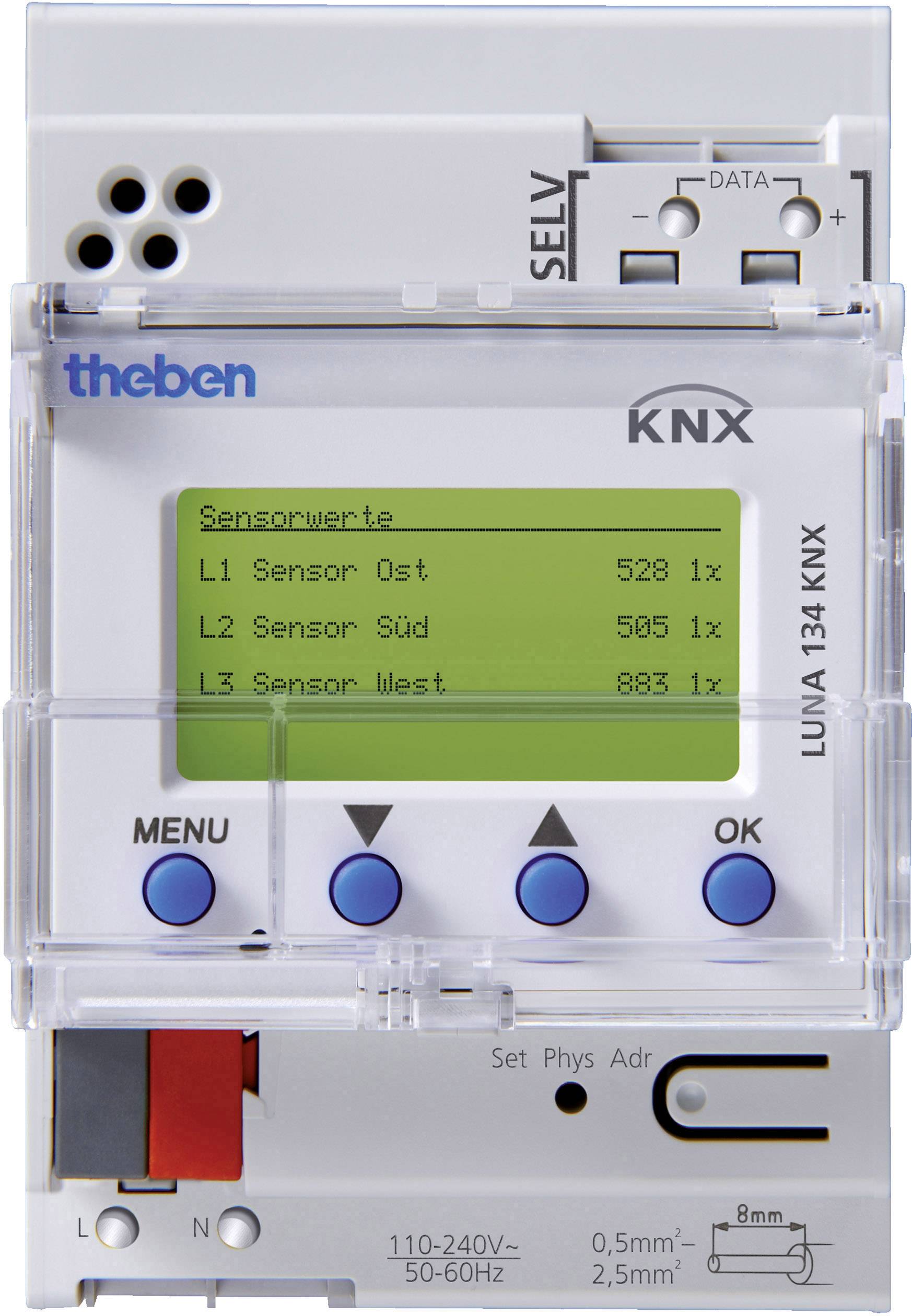 En KNX-enhet från theben visar sensordata: 'L1 Sensor Öst 528 lx', 'L2 Sensor Syd 0 lx', 'L3 Sensor Väst 883 lx'.