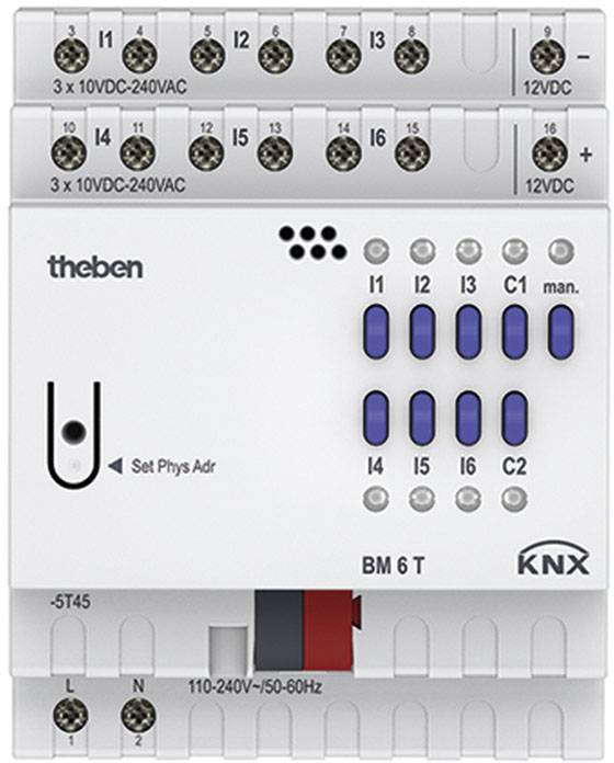 Theben BM 6 T KNX-enhet, modul med flera ingångar och utgångar, för byggnadsautomation. Markeringar för spänningar synliga.