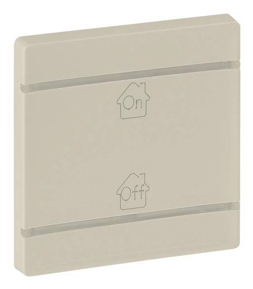 En beige väggströmbrytare med två symboler: ett hus med 'On' ovanför och ett hus med 'Off' nedanför.