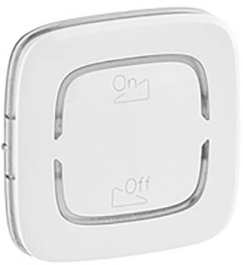 En fyrkantig strömbrytare med två lägen: 'På' ovanför och 'Av' nedanför. Enkelt, modernt design i vitt.