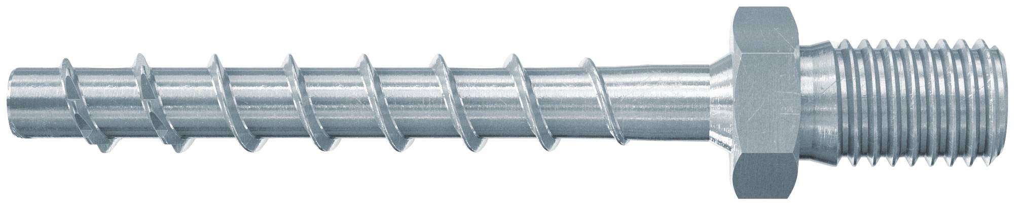 Metallskruv med sexkantsmutter och spiralformad skaft, visad i sidovy på vit bakgrund.