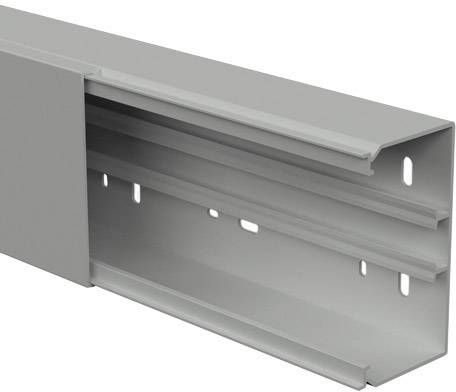 Grå metallkabelkanal med avtagbart lock, lämplig för ren organisering och skydd av kablar i kontors- eller industriella miljöer.