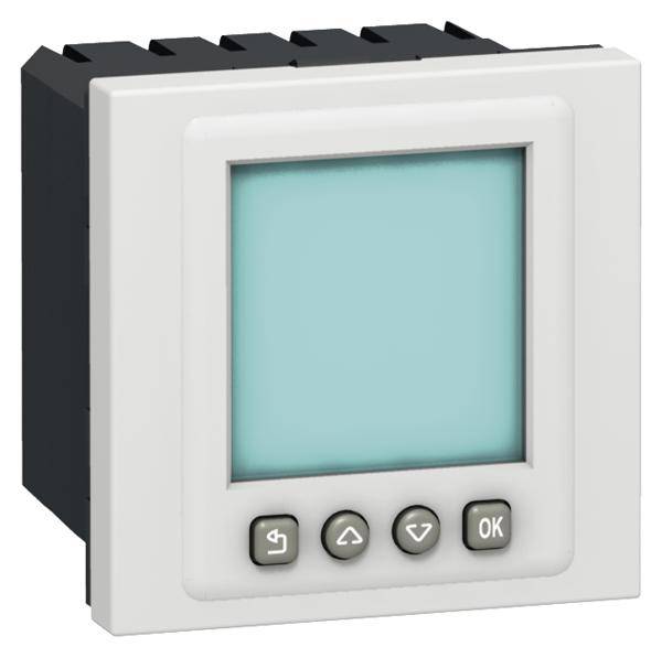 En vit elektrisk display med en blå skärm och fyra knappar nedanför: en vänster-pil-knapp, en uppåtpil-knapp, en nedåtpil-knapp och en 'OK'-knapp.