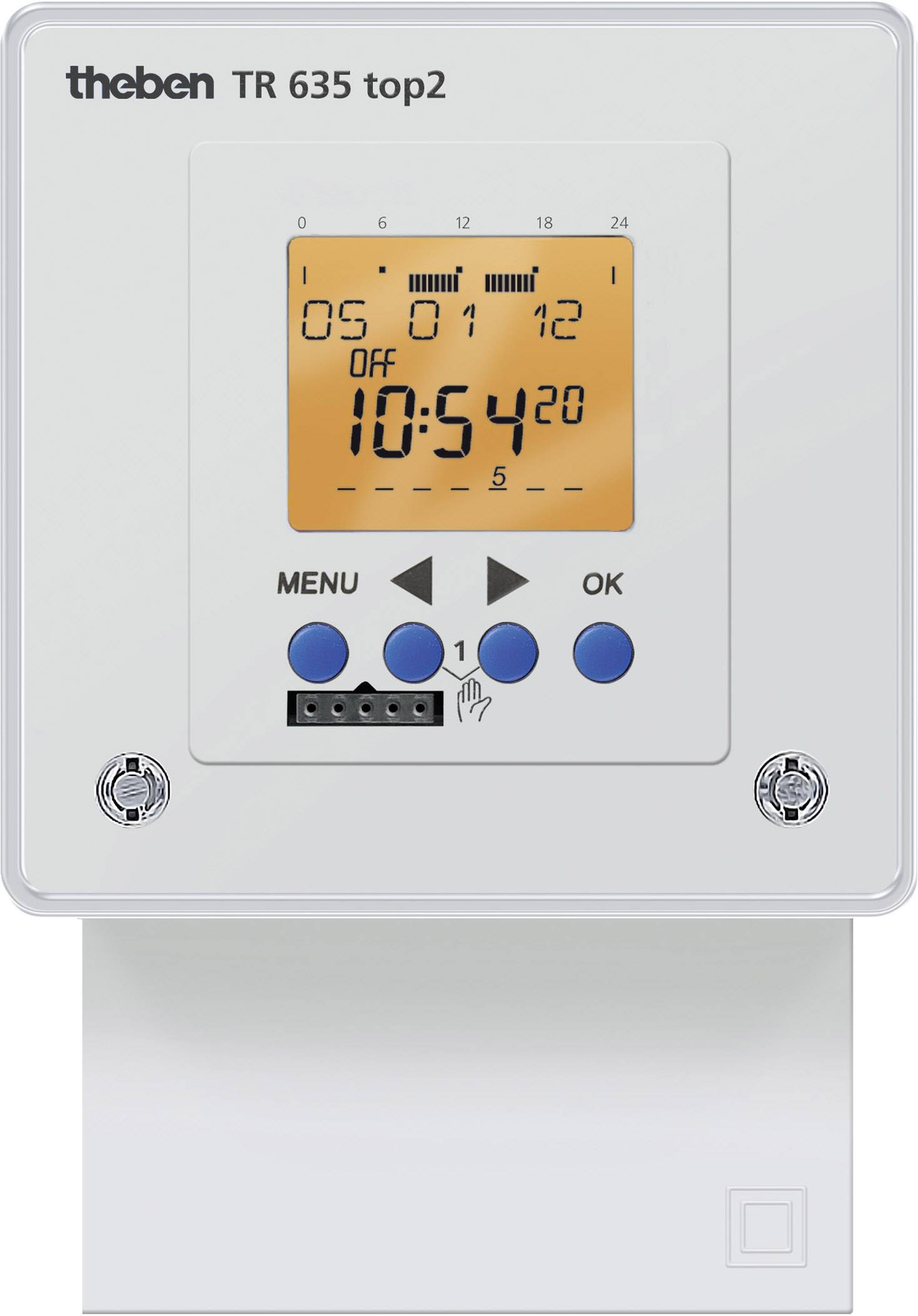 Elektronisk timer med display och knappar för meny och inställningar. Visar aktuell tid och programmerad stängningstid '10:54'.