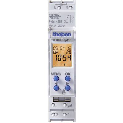 Elektronisk tidur med display; visar '10:54'. Knappar för meny och OK synliga. Lämplig för 230-240V, 50-60Hz.