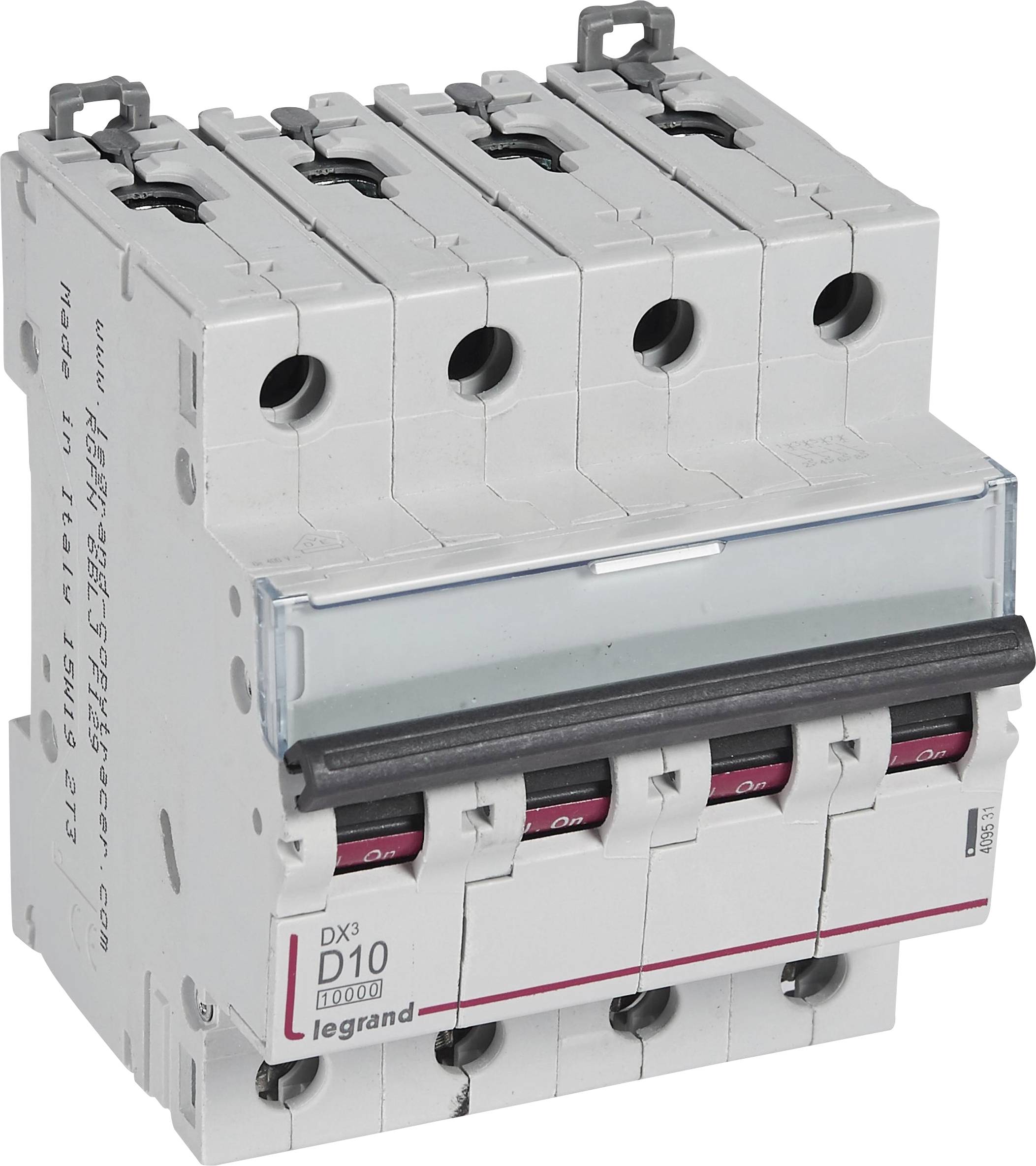 'Legrand DX3 D10' ABB kraftdistribution, bestående av fyra omkopplare, för elektrisk säkring och strömkretsstyrning.