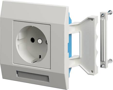 Vit vägguttag med monteringsplatta och skruvar. Lämplig för europeiska kontakter. Visar sidomonteringskomponenter.