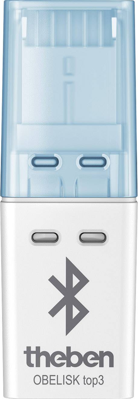 USB-dongel 'theben OBELISK top3' med Bluetooth-funktion, vitt hölje, blå lock. Används för programmering av enheter.