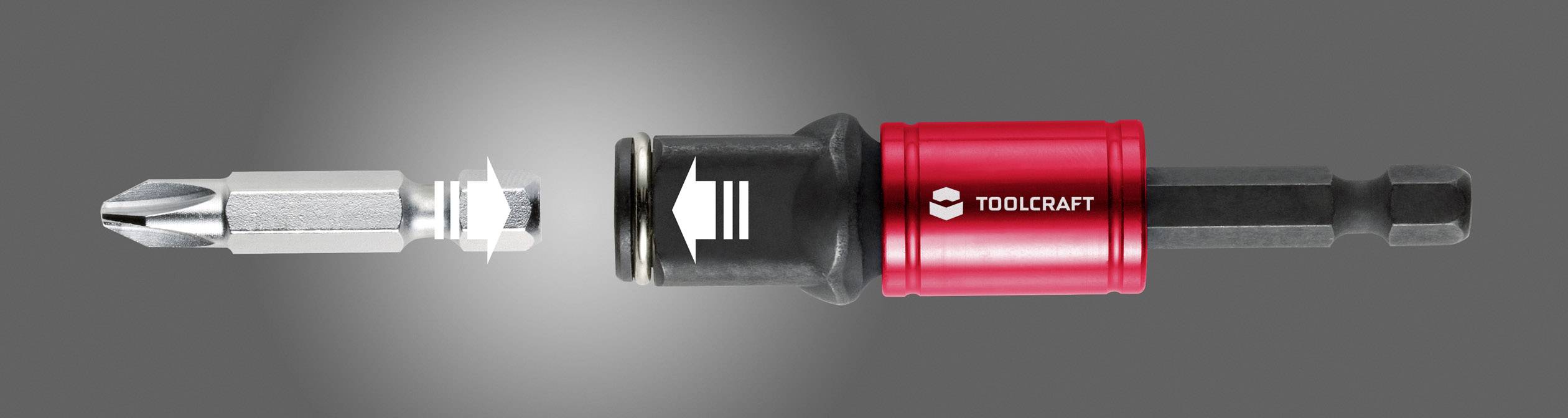 Bits skruvmejsel med magnetisk bits hållare i närbild, till vänster utbytbart skruvmejsel-bits, till höger röd-svart handtag.