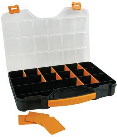 Genomskinlig förvaringsbox med öppet lock, innehåller flera fack och orangefärgade skiljeväggar, lämplig för smådetaljer.