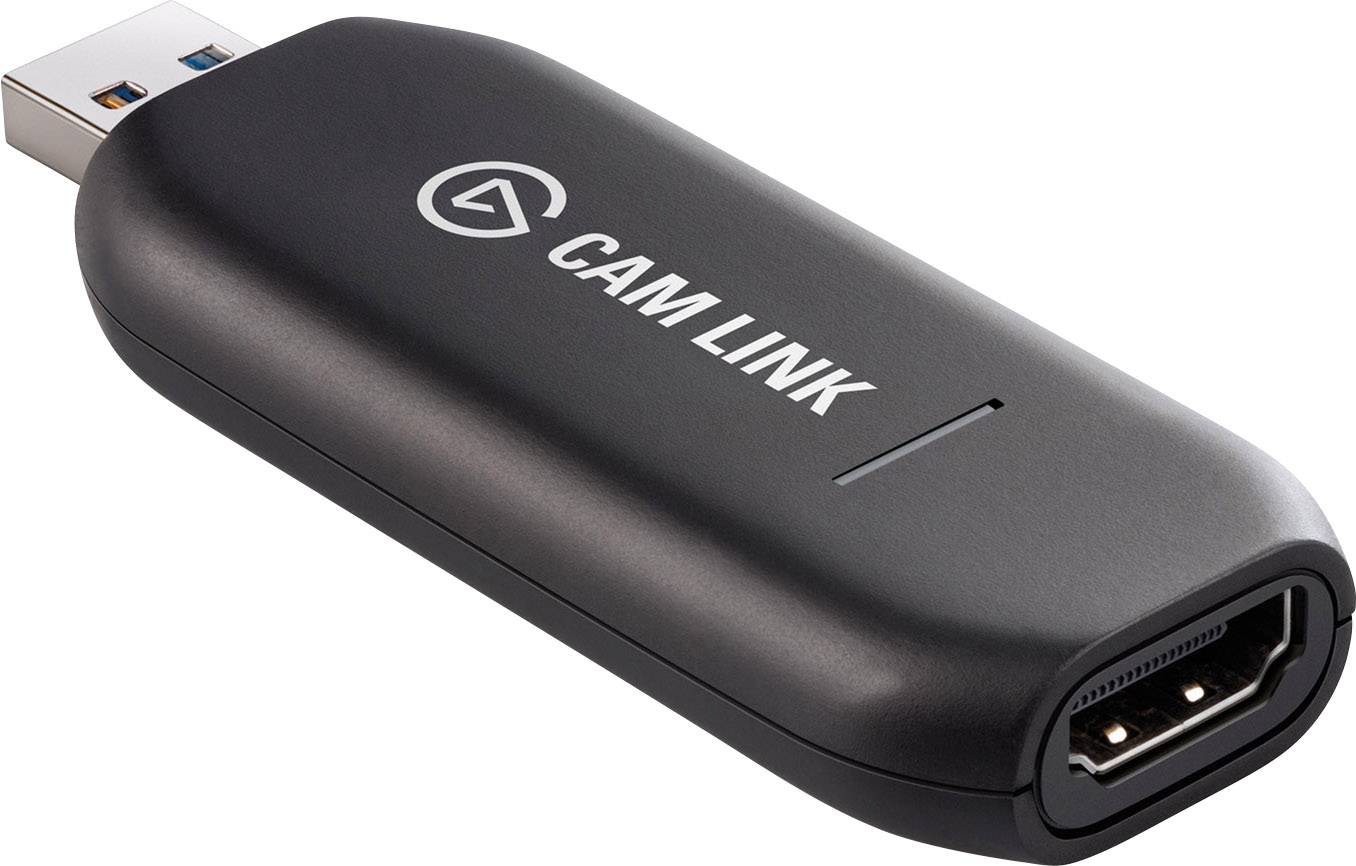 Svart USB-capture-enhet märkt 'Cam Link' med en HDMI-port. Används för att överföra kamerasignaler till datorer.