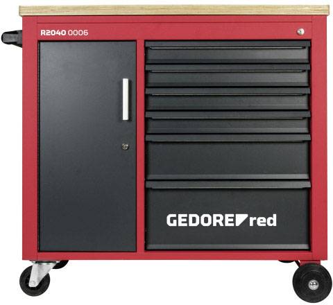 Röd verktygsvagn med sex svarta lådor och en dörr, varumärket 'GEDORE red' på framsidan.
