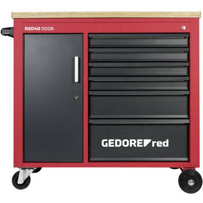 Röd verktygsvagn med sex svarta lådor och en dörr, varumärket 'GEDORE red' på framsidan.