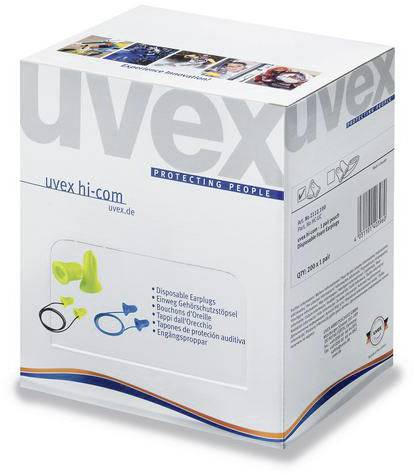 Förpackning för 'uvex hi-com' med en bild av gula engångs-öronproppar och produktinformation. Varumärkets slogan: 'Protecting People'.