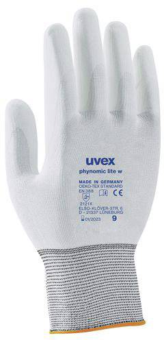 En vit handske med en grå manschett där 'uvex phynomic lite w' och detaljer som storlek och tillverkningsort är tryckt.