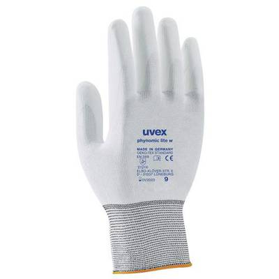En vit handske med en grå manschett där 'uvex phynomic lite w' och detaljer som storlek och tillverkningsort är tryckt.