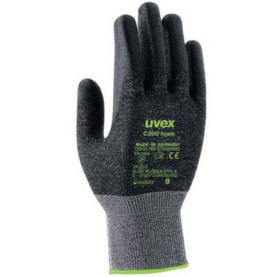 Skyddshandske i svart textil med grå handflata och grön text 'uvex C300' ovanpå. Lämplig för industriarbeten.