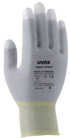 En grå arbetshandske 'uvex unipur carbon', tillverkad i Tyskland, med skärskyddsegenskaper.
