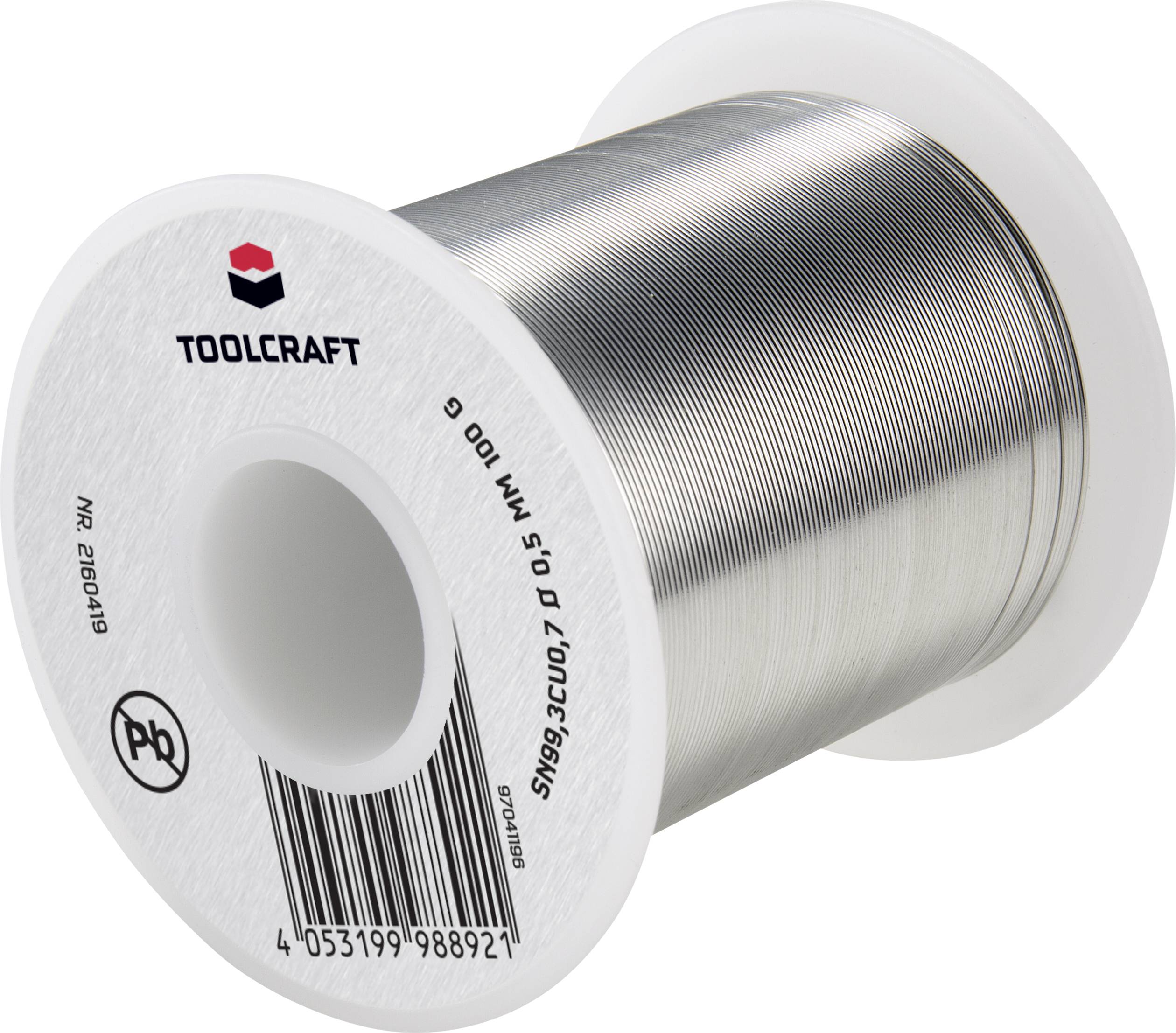 En rulle lödtråd från Toolcraft, 0,5 mm diameter, 100 g. Rullen visar streckkoden och hänvisning till blyhaltig material.