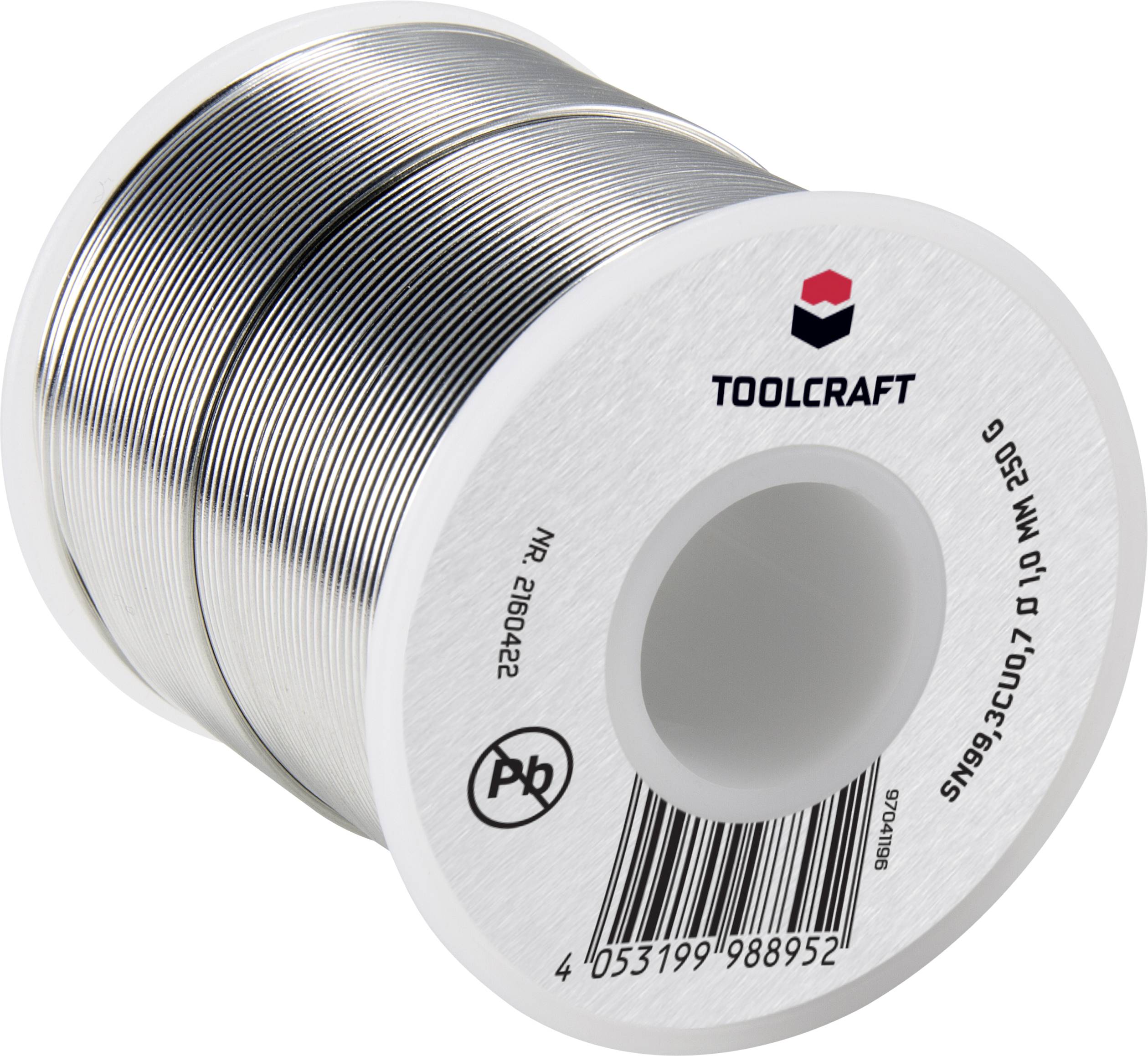 Here is the Swedish translation:<br><br>'Lödtennrulle från Toolcraft, tenn-kopparlegering, blyfri, 1,0 mm diameter, 250 g vikt, lämplig för elektroniska tillämpningar.'
