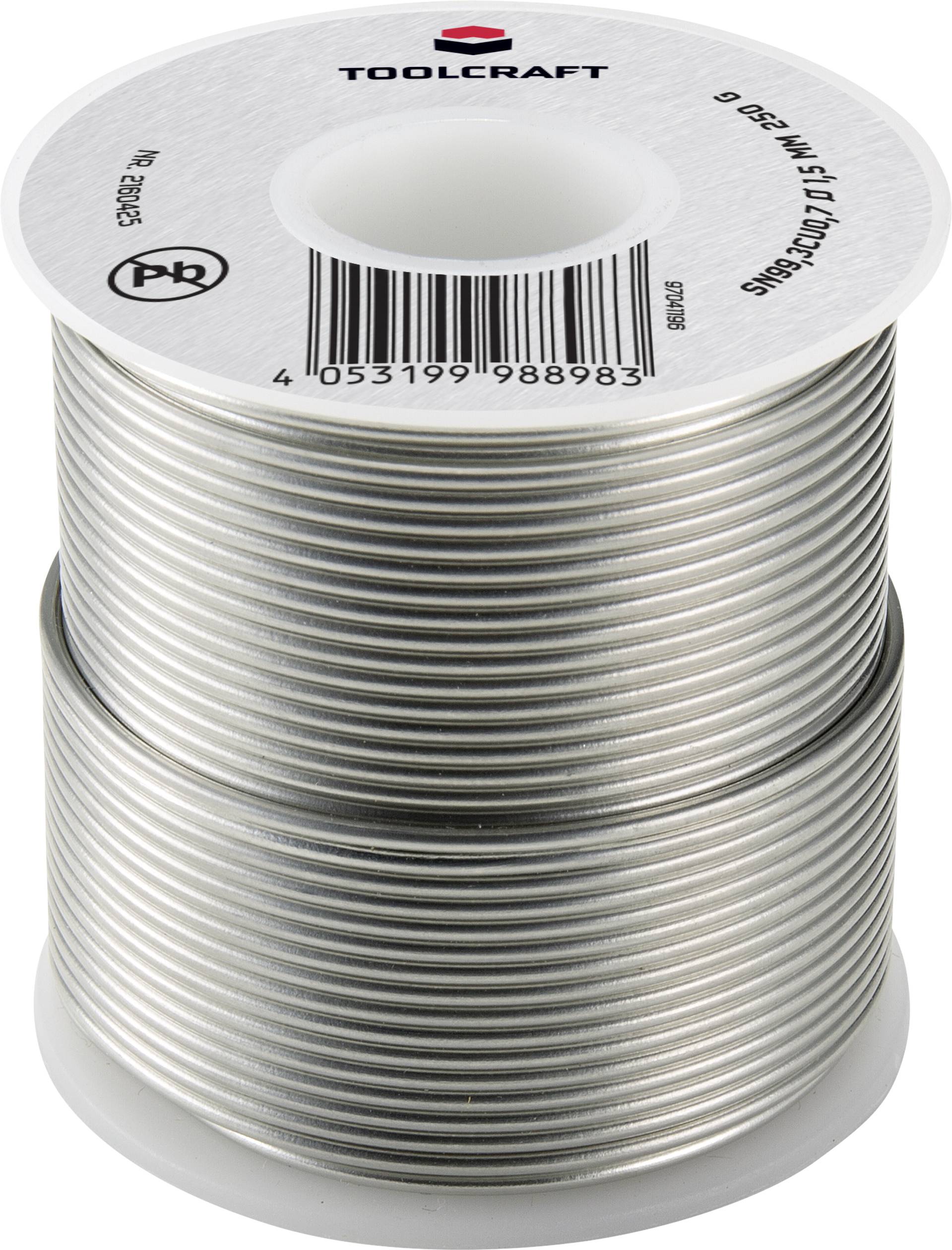 Lödfog av Rolle Lötzinn från TOOLCRAFT på vit spolform, text på spolen: 'Sn60Pb40, 1.0mm, 500g'.