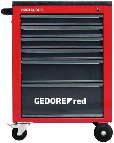 Röd verktygsvagn med sex lådor, svarta handtag och hjul, märkt med 'GEDORE red'.