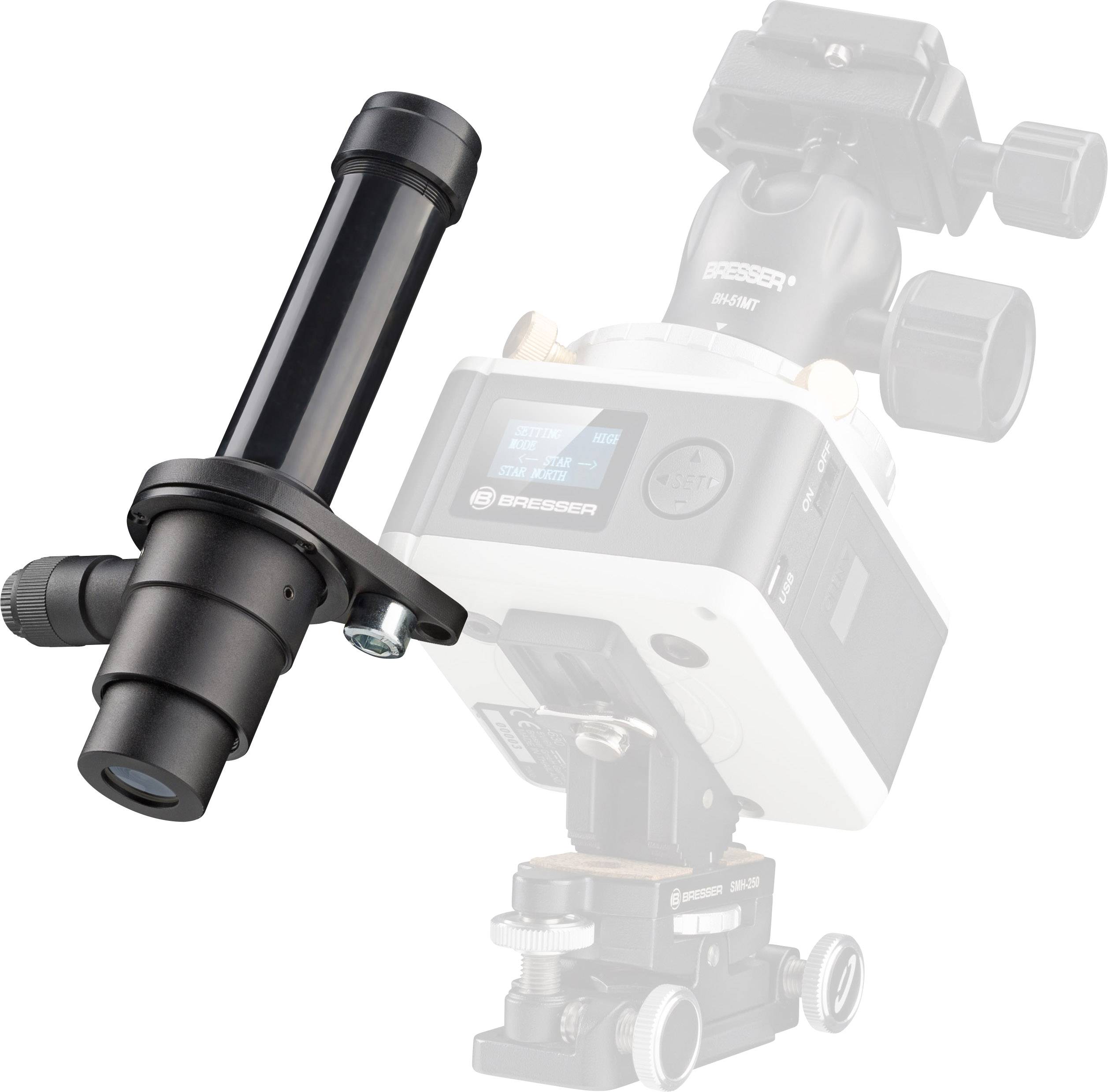 Ett teleskop med sökare visar en uppställning för precisionsbaserad observering av himlavalvet. Sökaren syns tydligt till vänster.