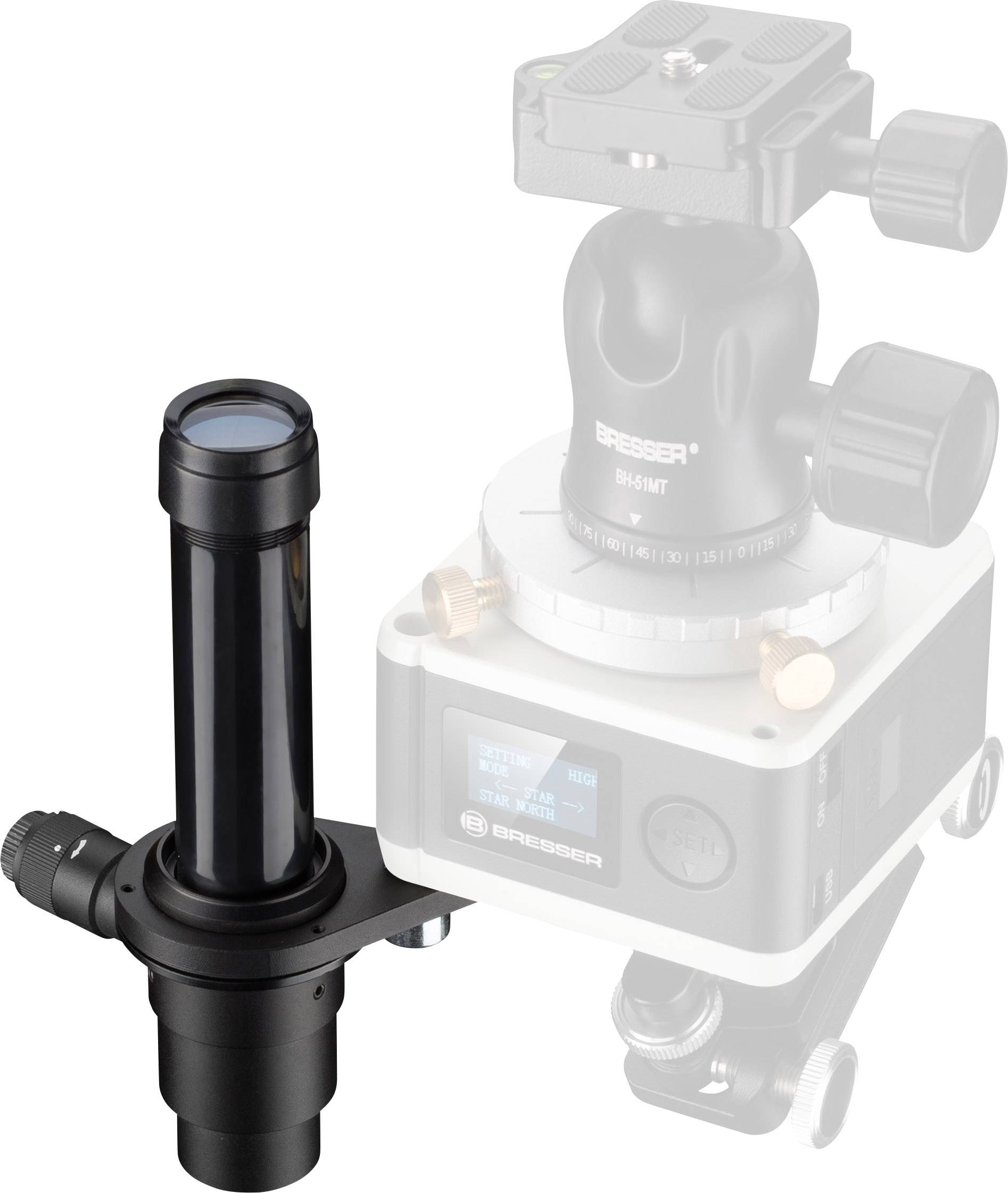 Ett svart teleskopsökare står framför en oskarp fäste. Sökaren är avsedd för exakt inriktning.