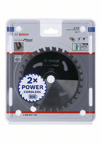 Förpackning för Bosch sågblad 'Standard for Steel', lämplig för batteridriven utrustning, lovar lång livslängd, diameter 136 mm.