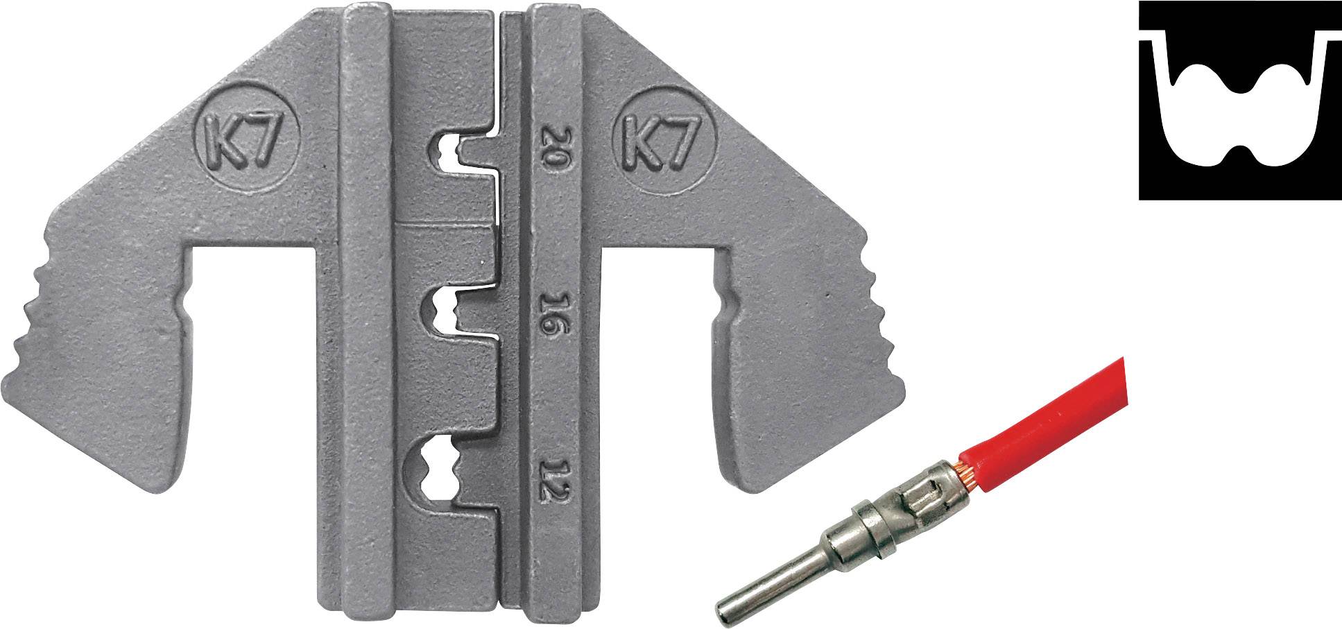 'Crimptång K7' med skala från 12 till 20. Visar en röd kabelanslutning. Piktogram av en kontakt längst upp till höger.
