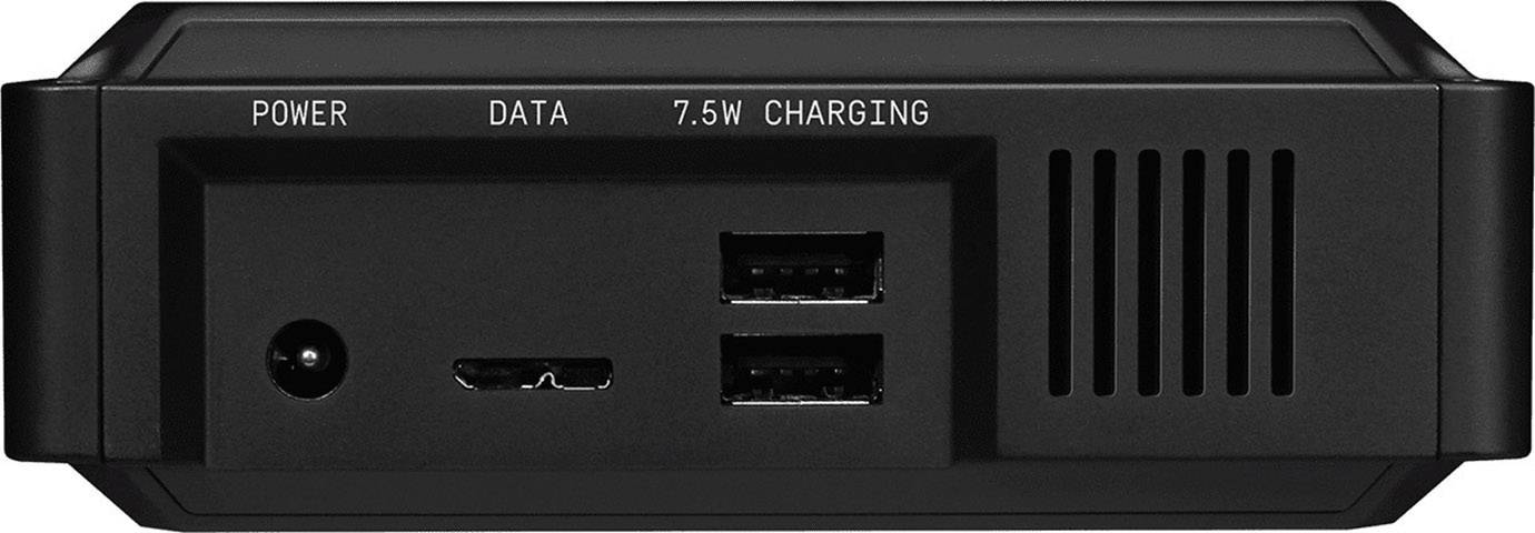 Svart enhet sedd framifrån: Anslutningar för POWER, DATA och 7,5W LADDNING. Två USB-portar och en liten rund anslutning.