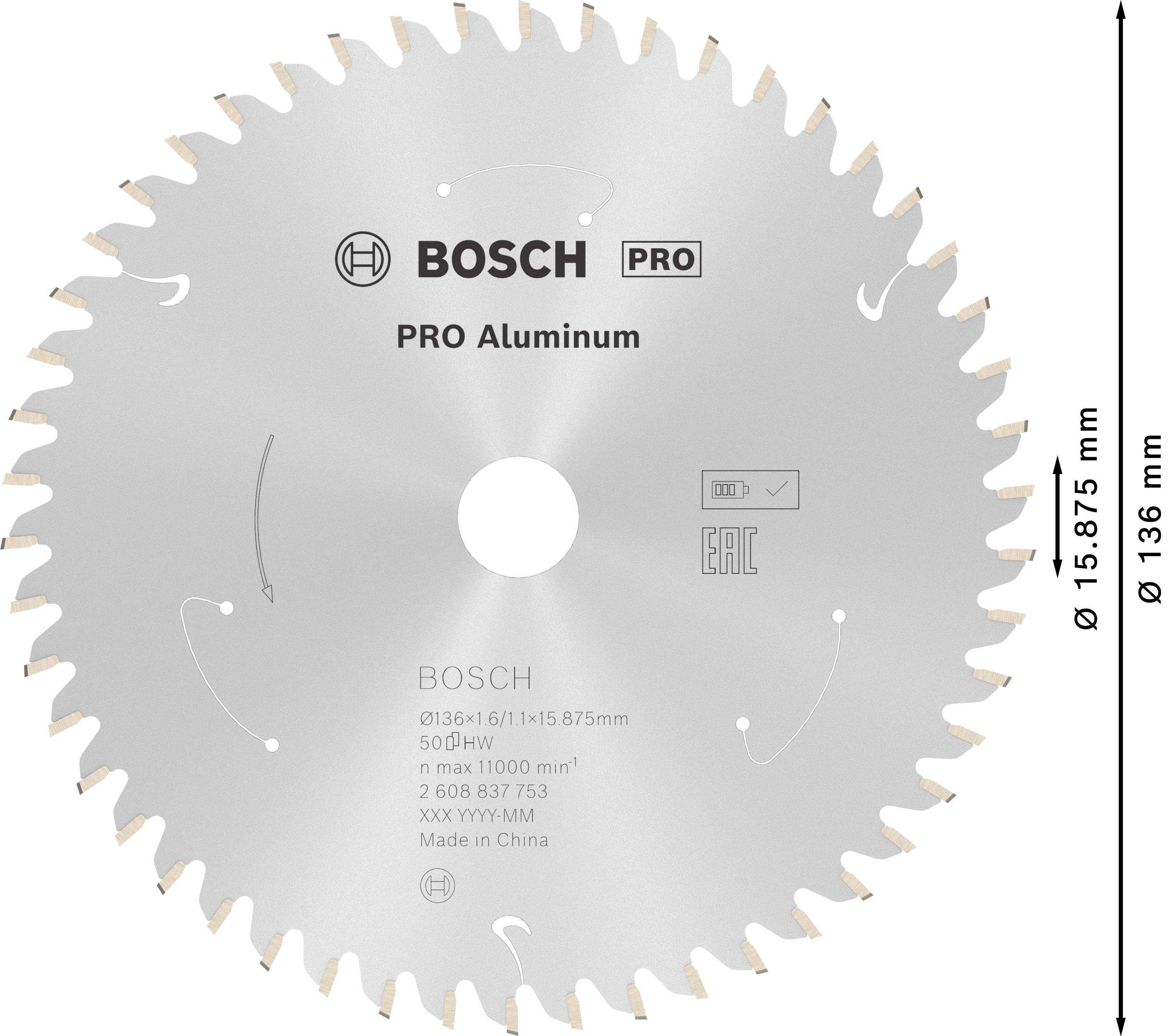 Bosch-sågklinga med texten 'PRO Aluminum', diameter 136 mm, håldiameter 15,875 mm. Tillverkad i Kina.