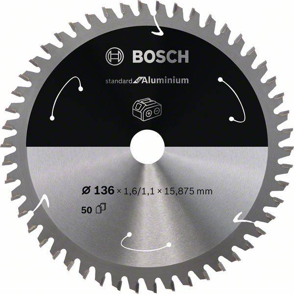 Bosch-sågklinga för aluminium, diameter 136 mm, 50 tänder, symbol för aluminiumbearbetning.