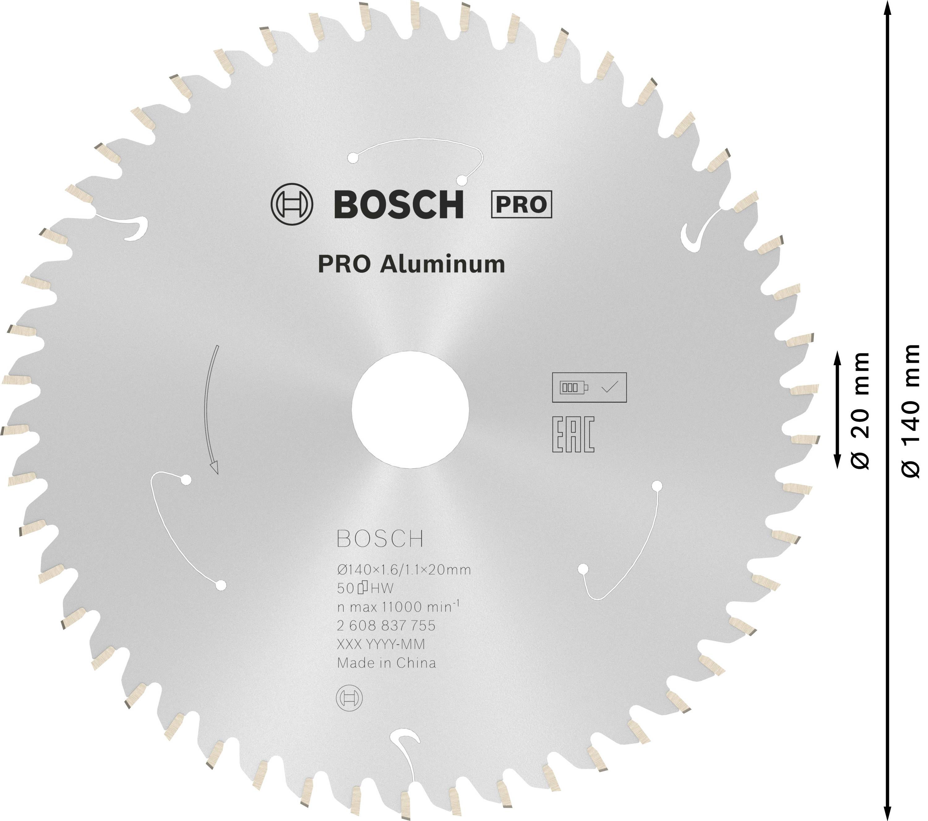Saw blade by Bosch for aluminum, 140 mm diameter, 20 mm bore. Maximum speed: 11000 rpm, manufactured in China.