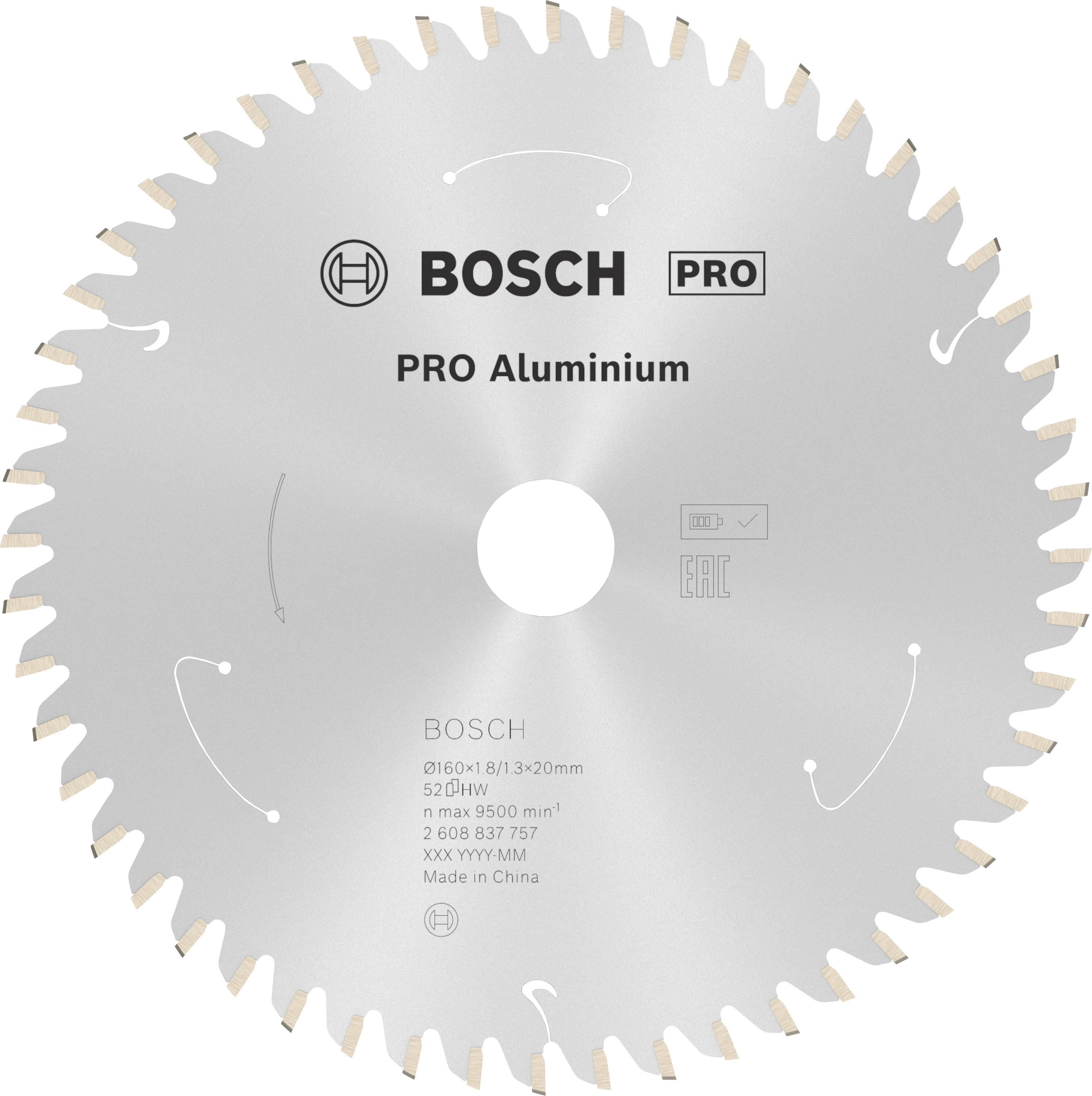 Kreissågblad 'Bosch PRO Aluminium' med 52 tänder, lämpligt för aluminium. Märkt med produktdetaljer och tillverkaruppgifter.