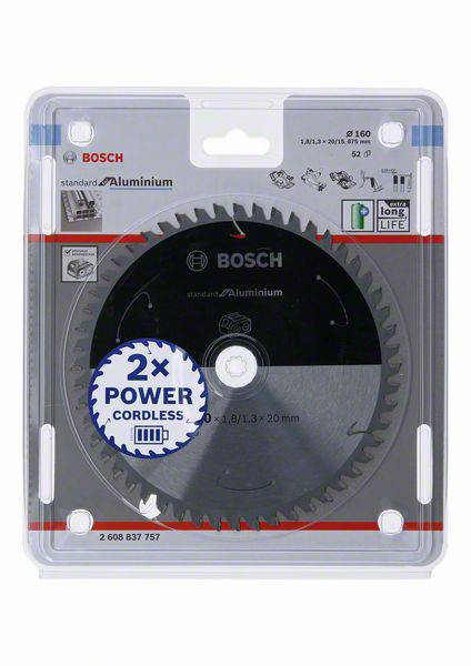 Bosch sågklinga för aluminium, diameter 150 mm, 52 tänder. Förpackning med hänvisning '2x Power Cordless' och 'Long Life'.