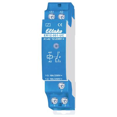 En blå relämodul märkt 'Eltako ER12-001-UC' med spänningsinformation '12-230V'. Den har klämmor märkta A1, A2, 1, 2 och 3.
